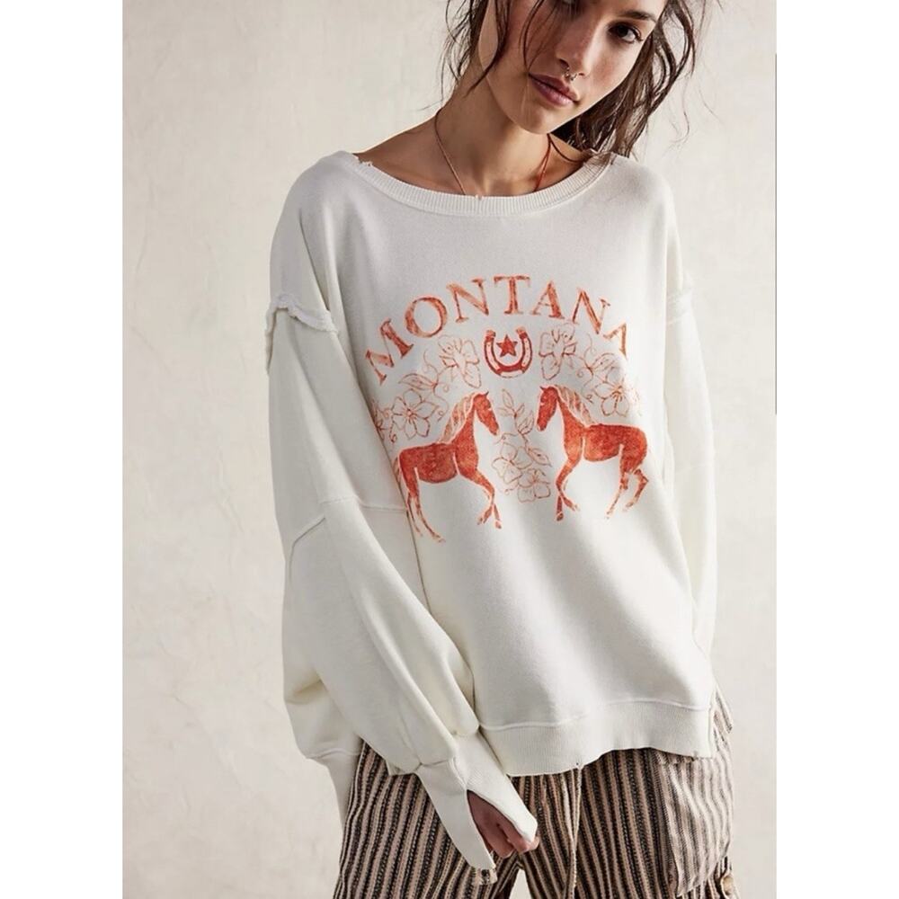 NWOT Free People We The Free Graphic Camden Sweatshirt L Coconut Combo Montana